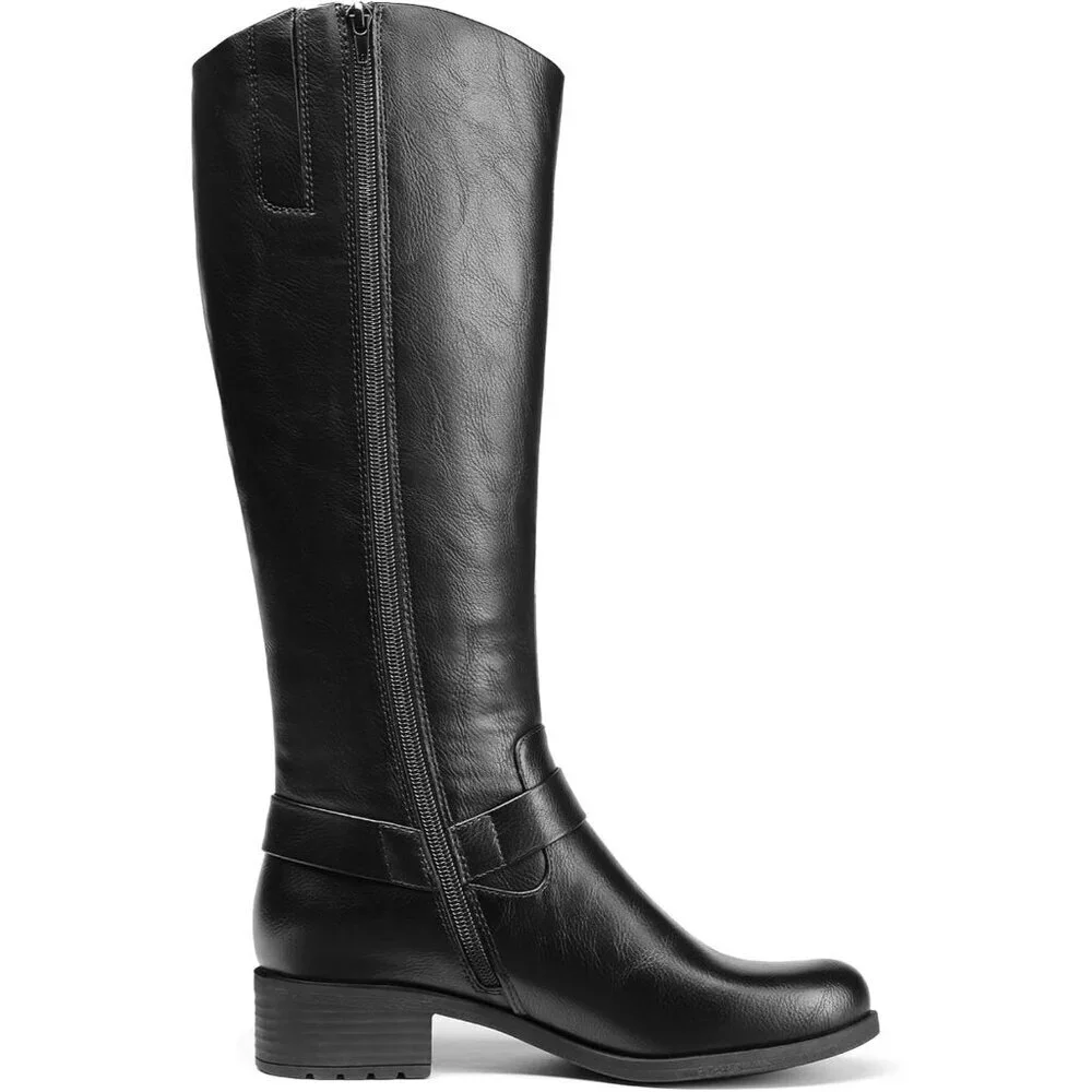 Women Faux Leather Black Comfortable Knee High Side Zipper Buckle Riding Boots